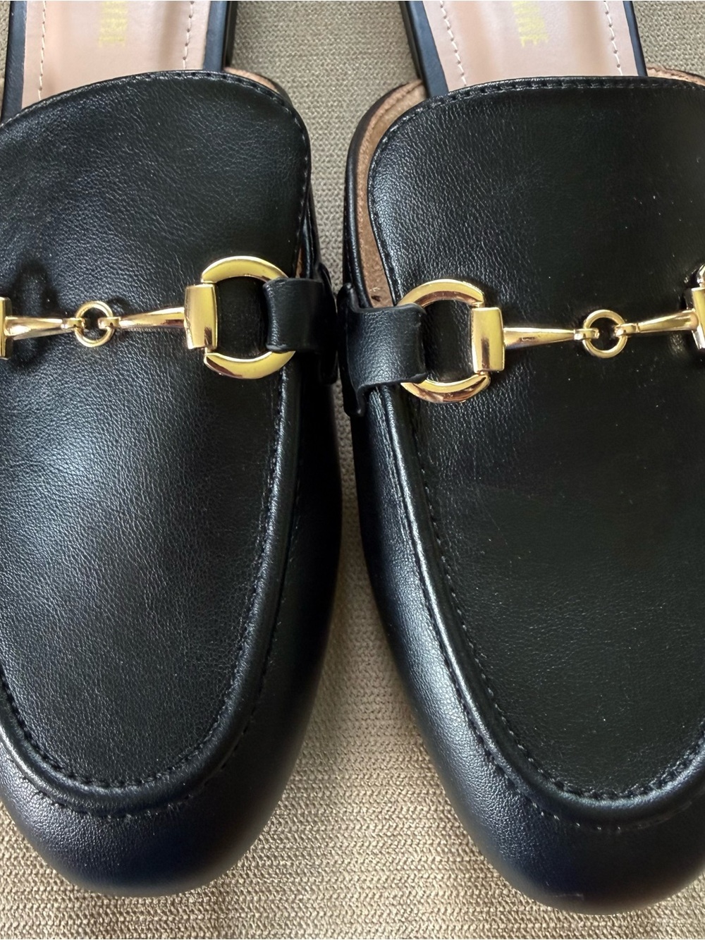 Black Leather Backless Loafers with Gold Horsebit Detail - Picture 6 of 15